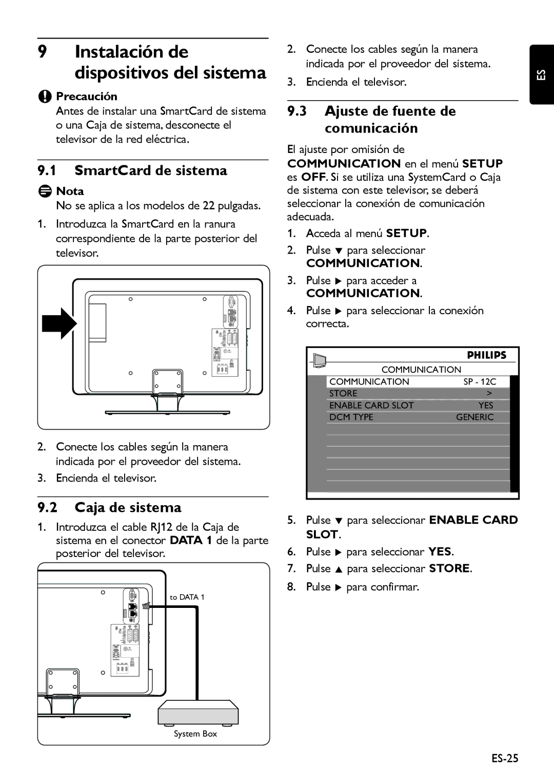 Philips 32HFL5850D manual SmartCard de sistema, Caja de sistema, Ajuste de fuente de comunicación, CCPrecaución 