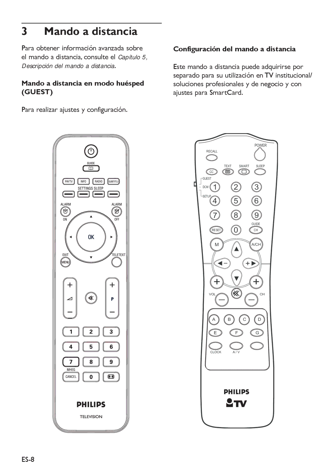 Philips 32HFL5850D manual Mando a distancia en modo huésped Guest, Para realizar ajustes y configuración, ES-8 