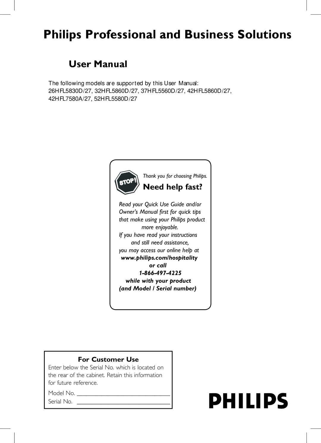 Philips 42HFL7580A/27, 32HFL5860D/27, 52HFL5580D/27, 37HFL5560D/27 user manual Philips Professional and Business Solutions 