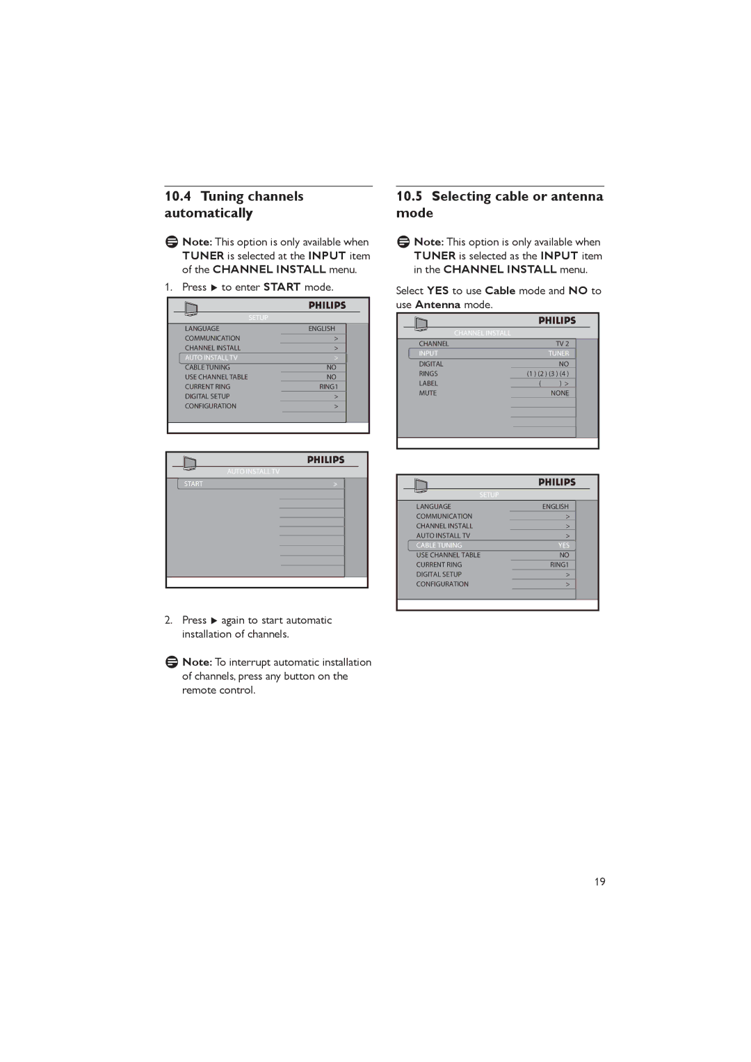 Philips 32HFL5860D/27 Selecting cable or antenna mode, Select YES to use Cable mode and no to use Antenna mode, Start 