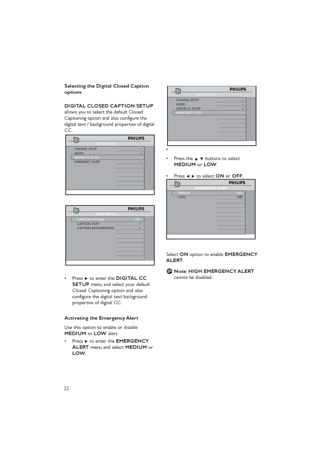 Philips 37HFL5560D/27, 32HFL5860D/27 user manual Activating the Emergency Alert, Select on option to enable Emergency Alert 