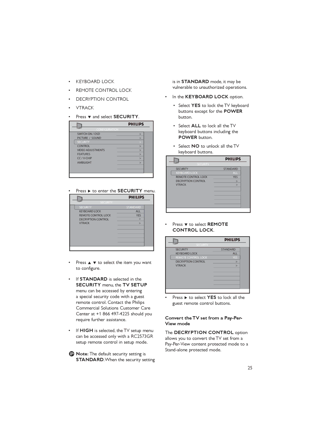 Philips 42HFL7580A/27, 32HFL5860D/27, 52HFL5580D/27 Press ï and select Security, Press Æ to enter the Security menu 