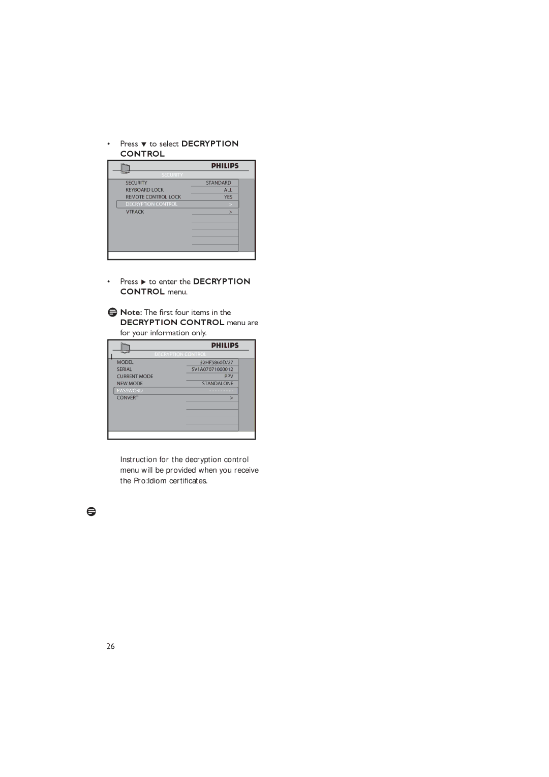 Philips 52HFL5580D/27 user manual Press ï to select Decryption, Press Æ to enter the Decryption Control menu, Password 