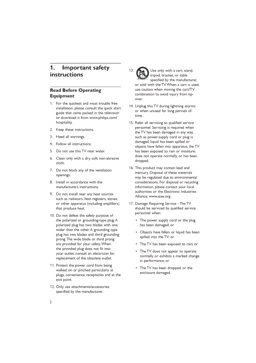 Philips 37HFL5560D/27, 32HFL5860D/27, 42HFL7580A/27 Important safety instructions, Read Before Operating Equipment 