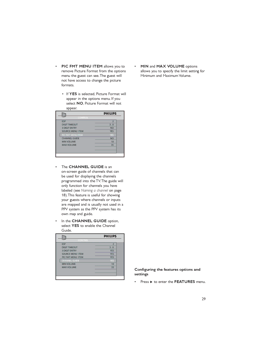 Philips 32HFL5860D/27 Conﬁguring the features options and settings, Press Æ to enter the Features menu, Channel Guide YES 