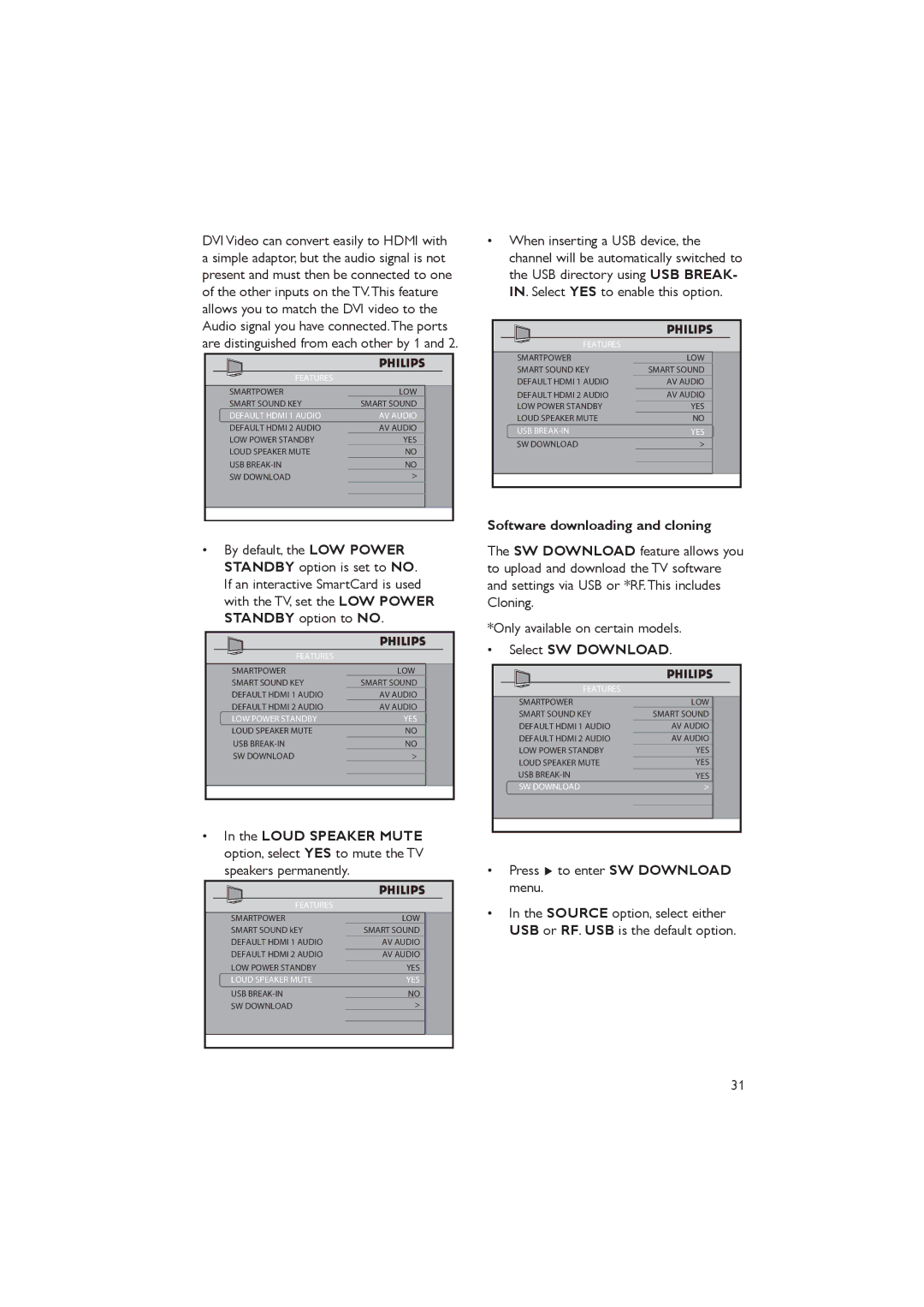 Philips 52HFL5580D/27, 32HFL5860D/27, 42HFL7580A/27, 37HFL5560D/27 Software downloading and cloning, Select SW Download 