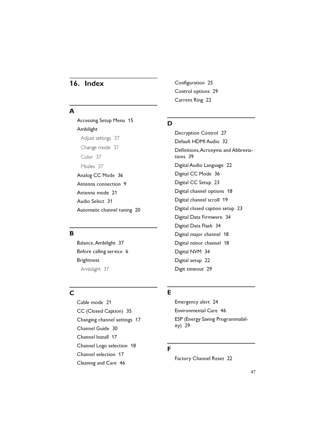 Philips 37HFL5560D/27, 32HFL5860D/27, 42HFL7580A/27, 52HFL5580D/27, 26HFL5830D/27 user manual Index 