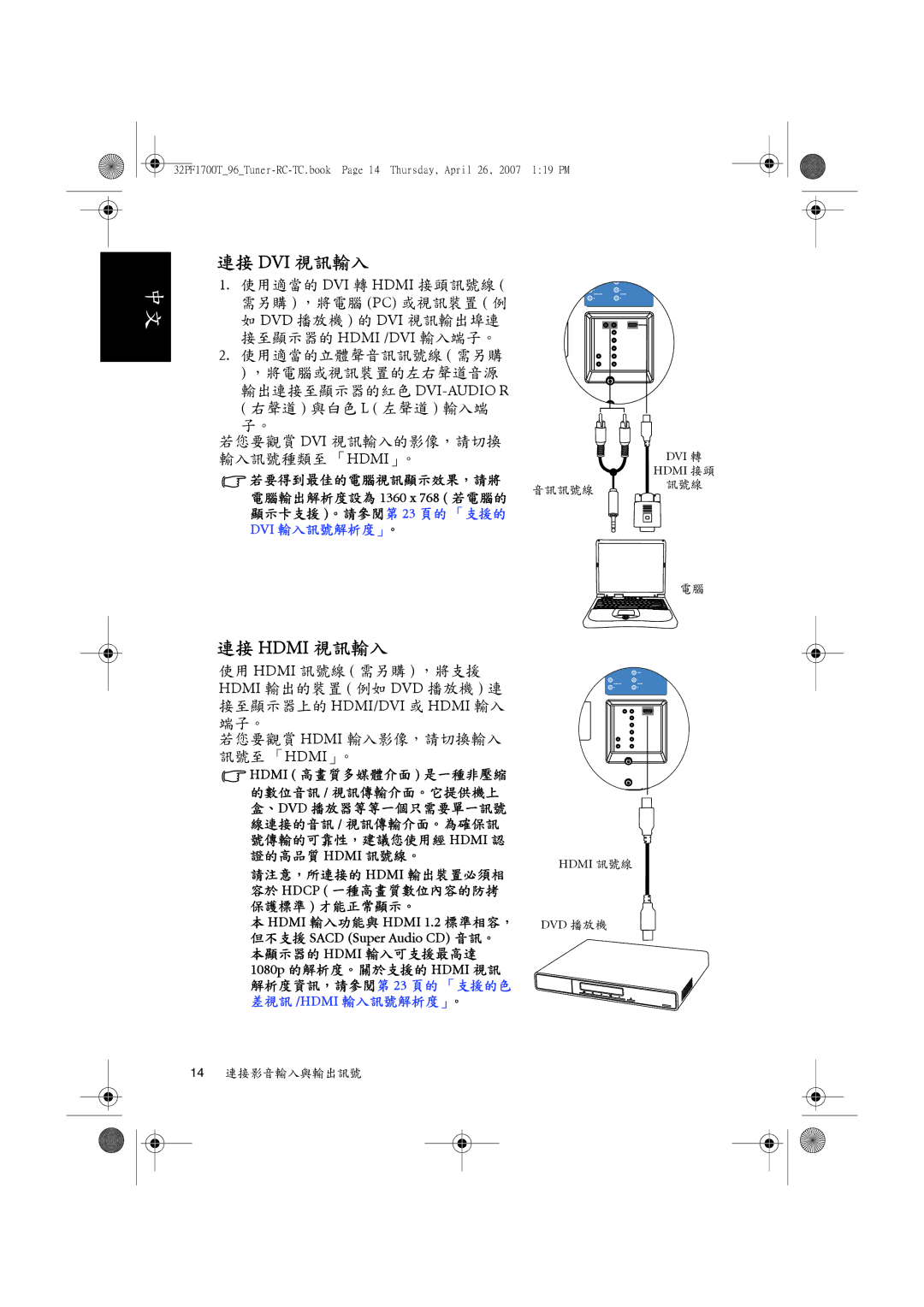 Philips 32PF1700T/96 manual 連接 Dvi 視訊輸入, 連接 Hdmi 視訊輸入 