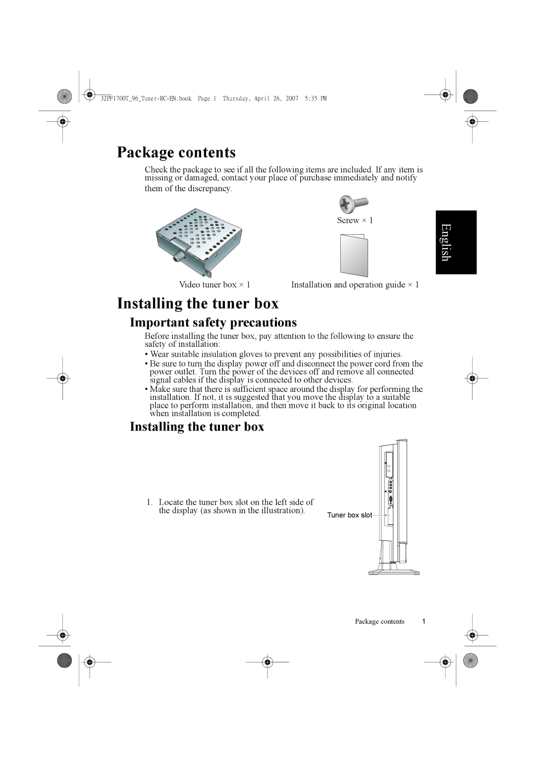 Philips 32PF1700T/96 manual Important safety precautions, Installing the tuner box 