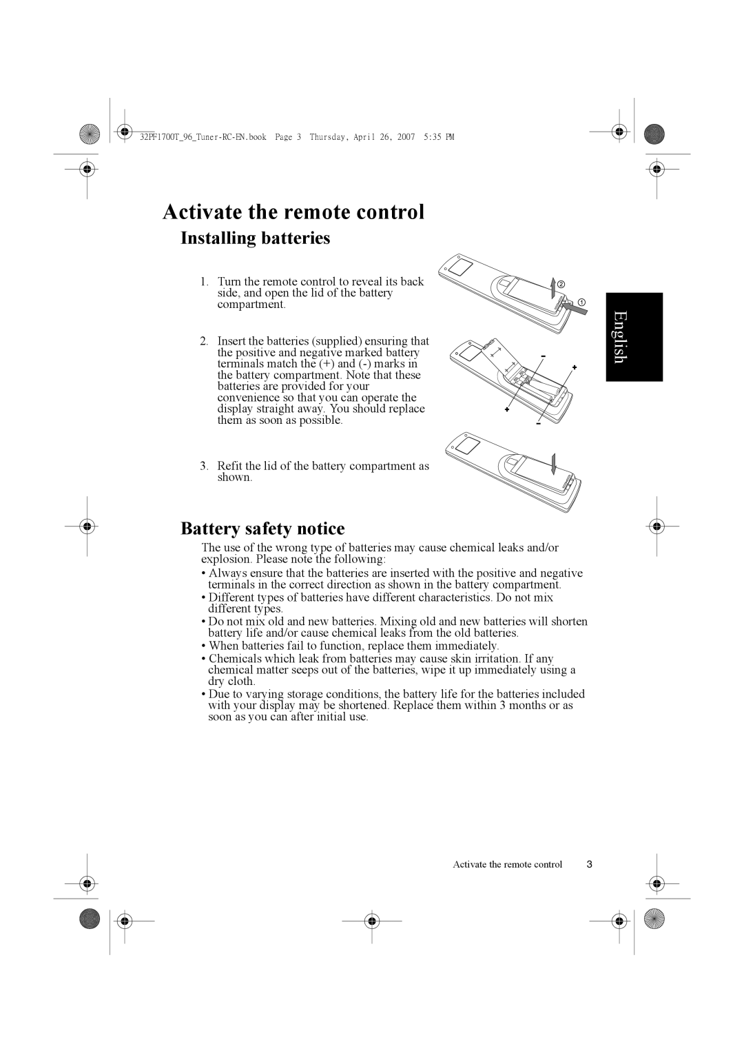 Philips 32PF1700T/96 manual Activate the remote control, Installing batteries, Battery safety notice 