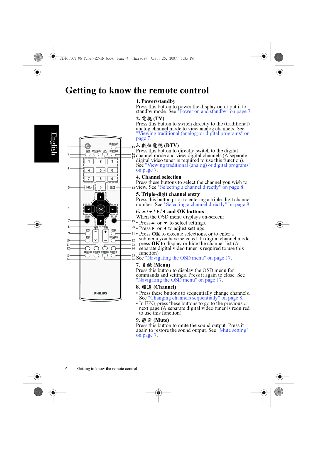 Philips 32PF1700T/96 manual Getting to know the remote control 