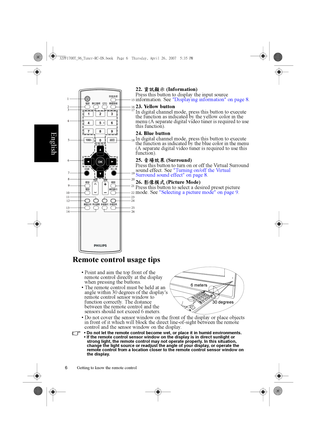 Philips 32PF1700T/96 manual Remote control usage tips 
