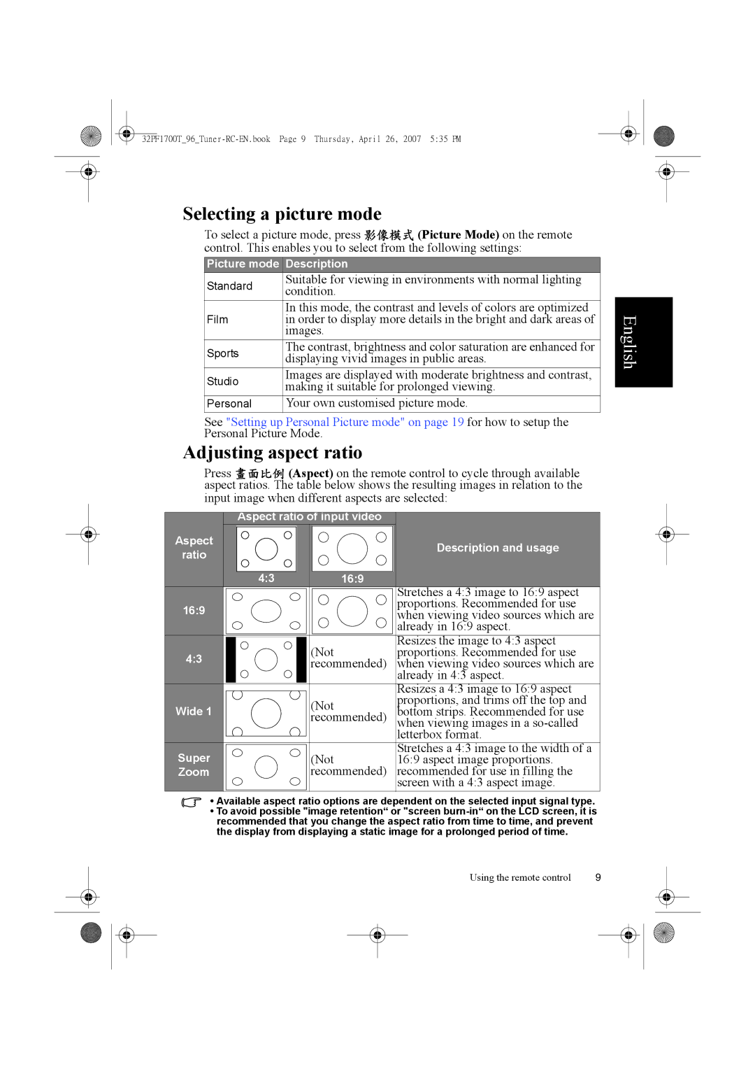 Philips 32PF1700T/96 manual Selecting a picture mode, Adjusting aspect ratio 