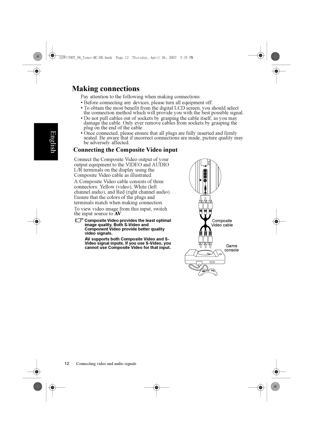 Philips 32PF1700T/96 manual Making connections, Connecting the Composite Video input 