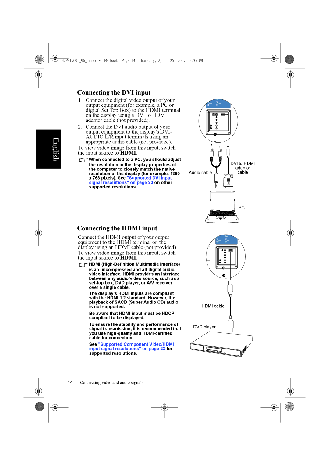 Philips 32PF1700T/96 manual Connecting the DVI input, Connecting the Hdmi input 