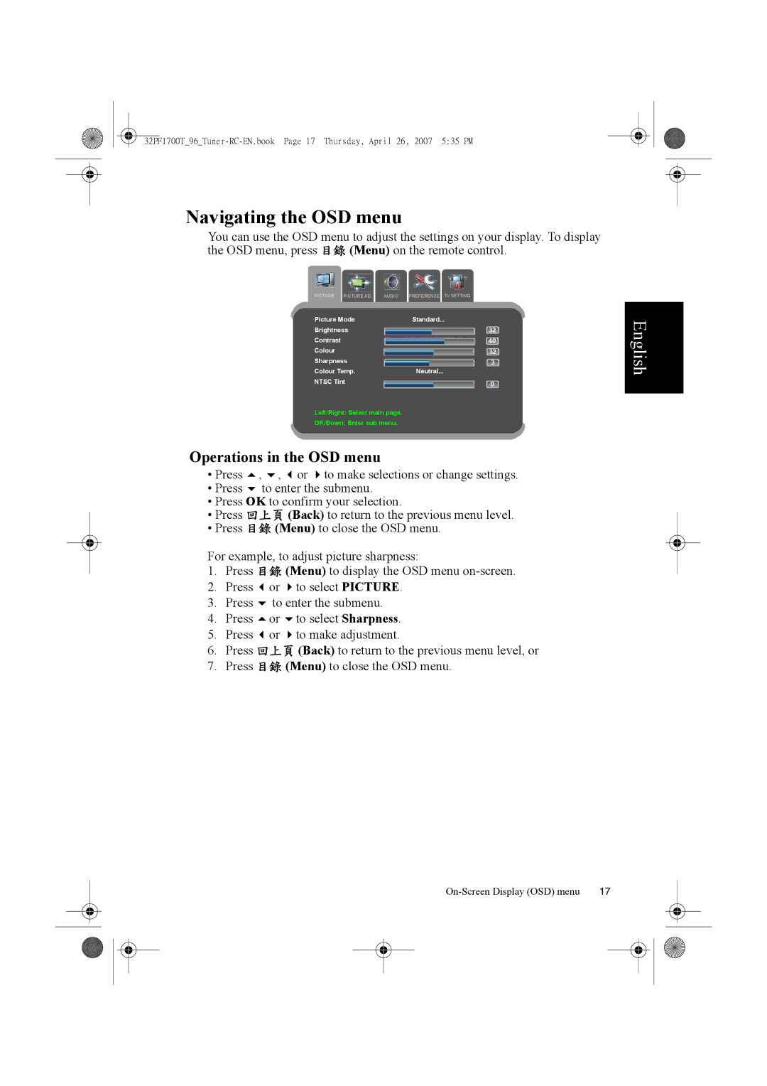 Philips 32PF1700T/96 manual Navigating the OSD menu, Operations in the OSD menu 