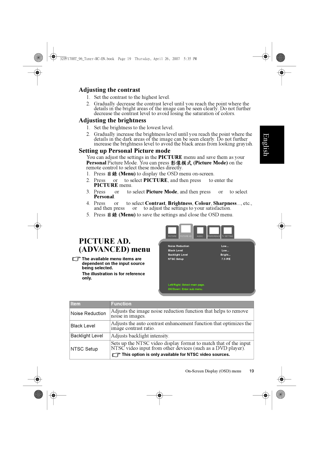 Philips 32PF1700T/96 manual Picture AD. Advanced menu, Adjusting the contrast, Adjusting the brightness 