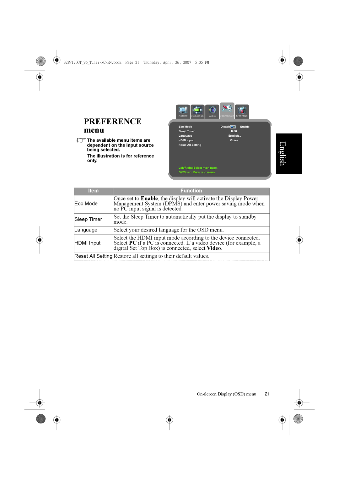 Philips 32PF1700T/96 manual Preference menu 