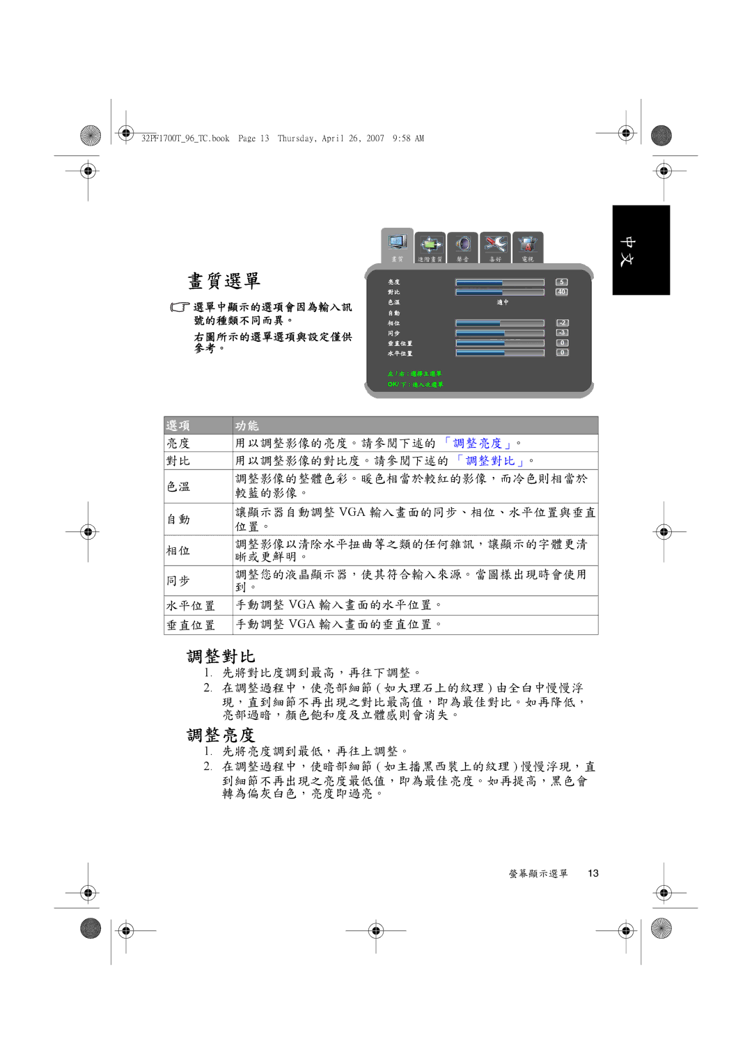 Philips 32PF1700T/96 manual 畫質選單, 調整對比 