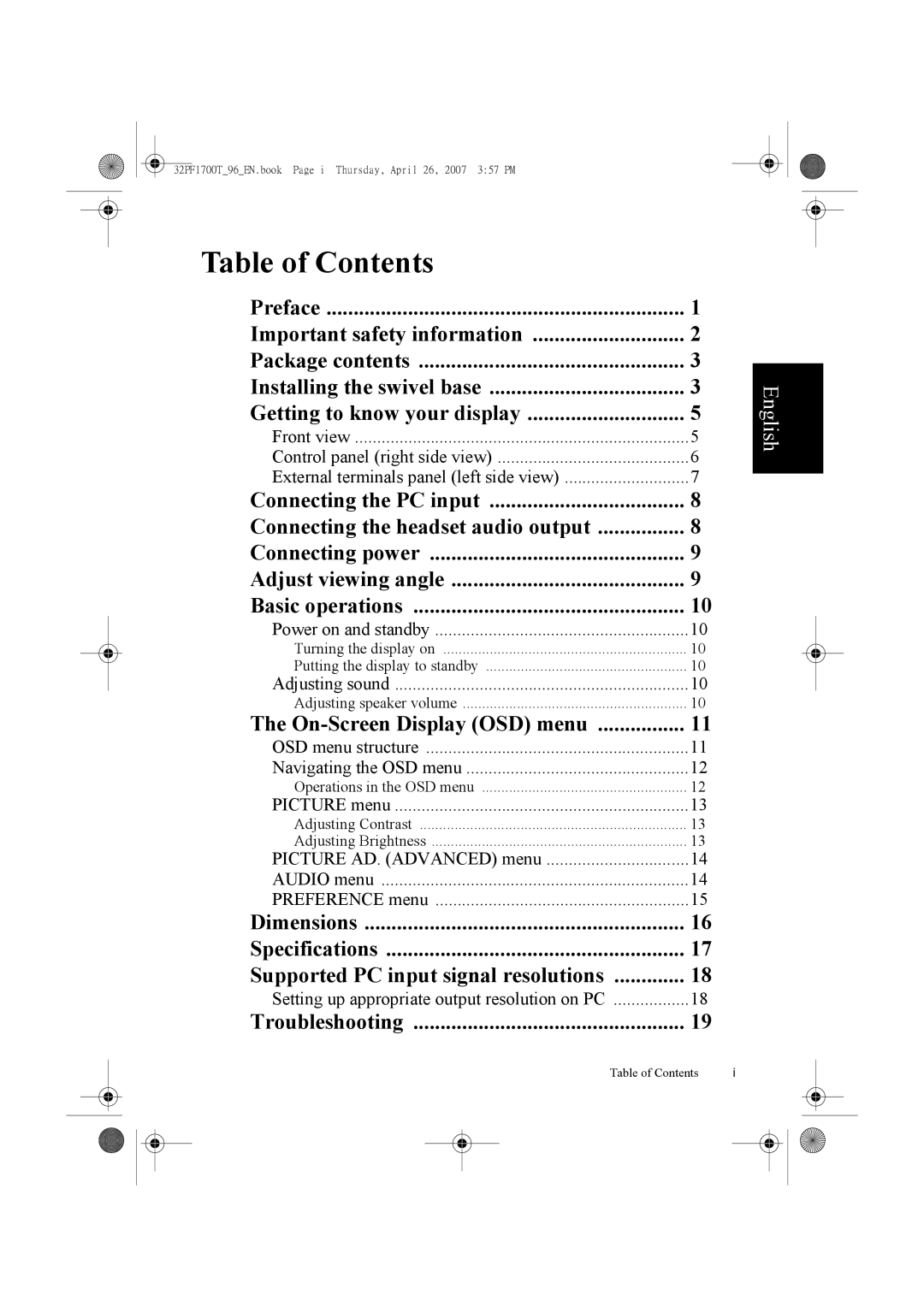 Philips 32PF1700T/96 manual Table of Contents 