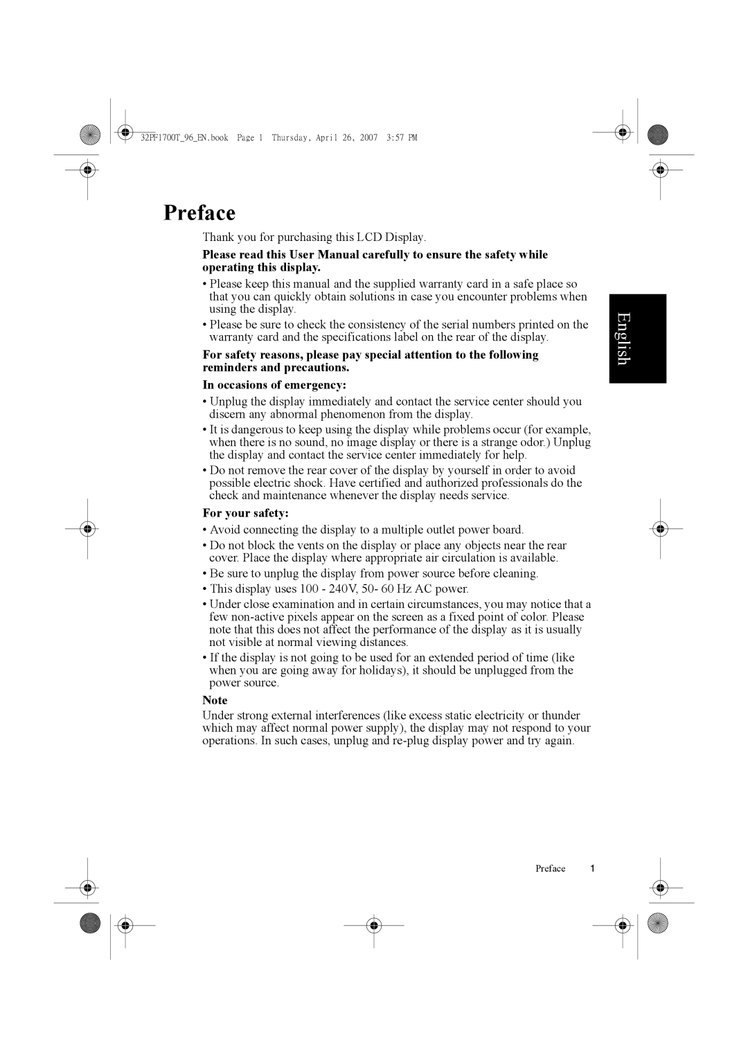 Philips 32PF1700T/96 manual Preface, For your safety 