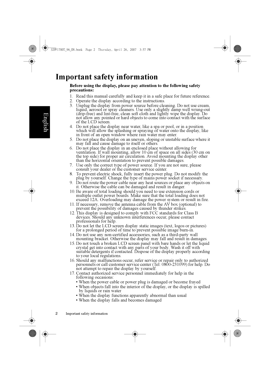 Philips 32PF1700T/96 manual Important safety information 