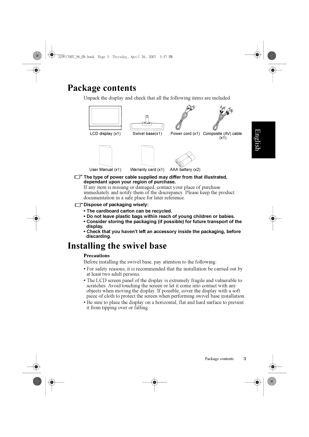 Philips 32PF1700T/96 manual Package contents, Installing the swivel base 