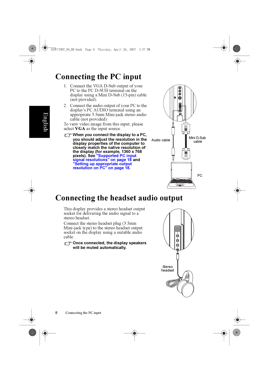 Philips 32PF1700T/96 manual Connecting the PC input, Connecting the headset audio output 