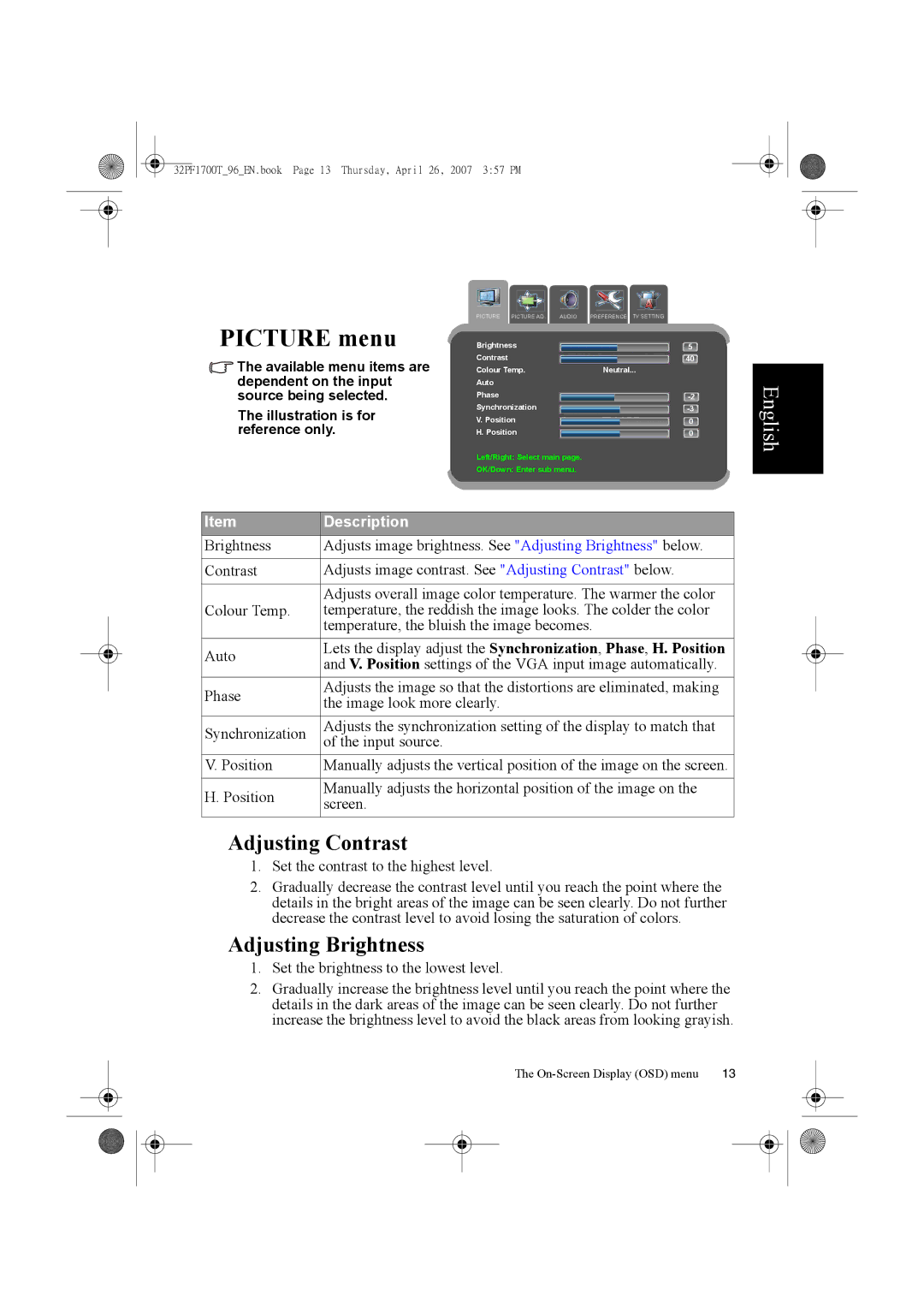 Philips 32PF1700T/96 manual Picture menu 