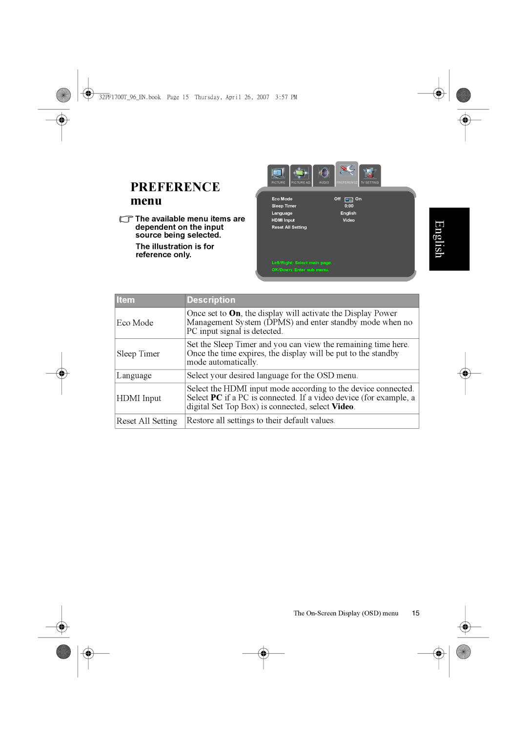 Philips 32PF1700T/96 manual Preference 