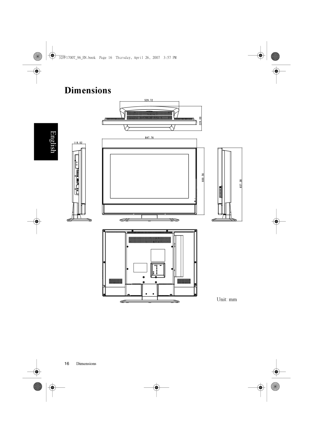 Philips 32PF1700T/96 manual Dimensions 