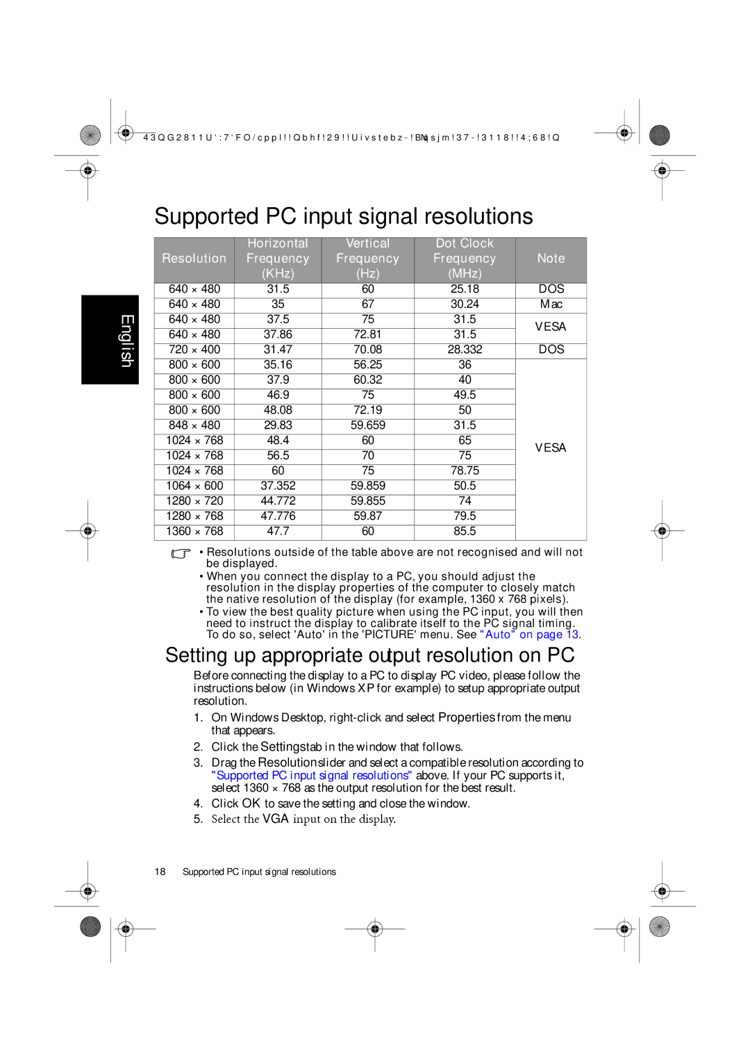 Philips 32PF1700T/96 manual Supported PC input signal resolutions, Dot Clock Resolution Frequency KHz MHz 