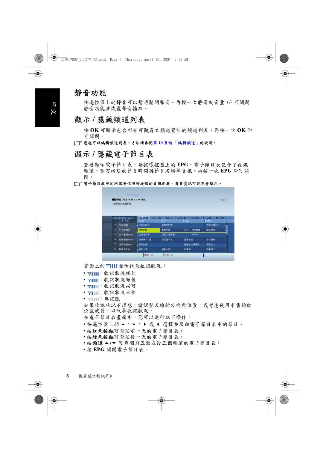 Philips 32PF1700T/96 manual 靜音功能, 顯示 / 隱藏頻道列表, 顯示 / 隱藏電子節目表 