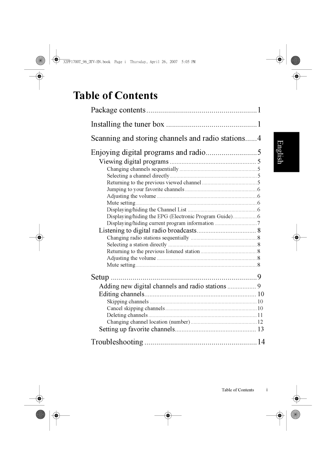 Philips 32PF1700T/96 manual Table of Contents 