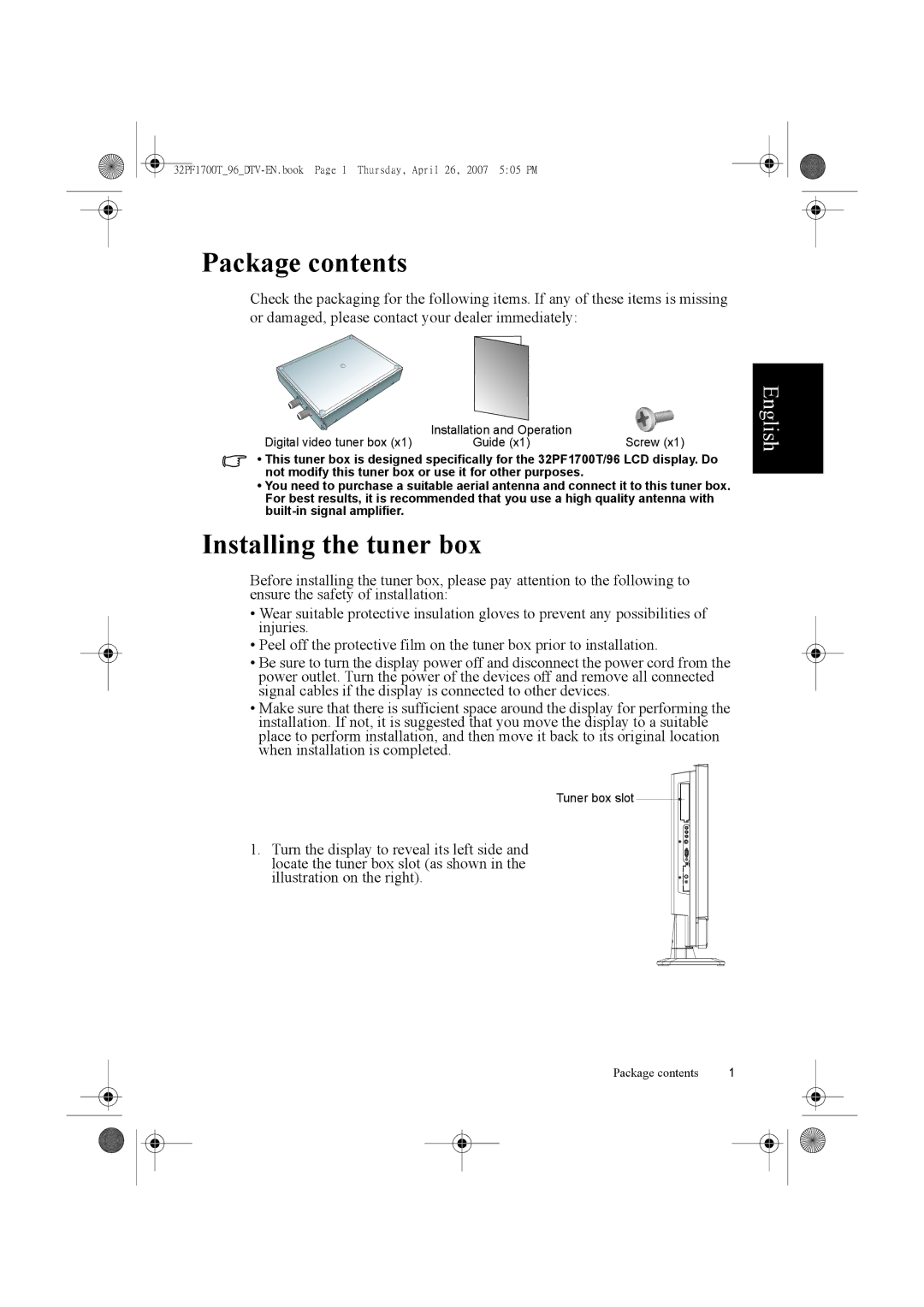 Philips 32PF1700T/96 manual Package contents, Installing the tuner box 