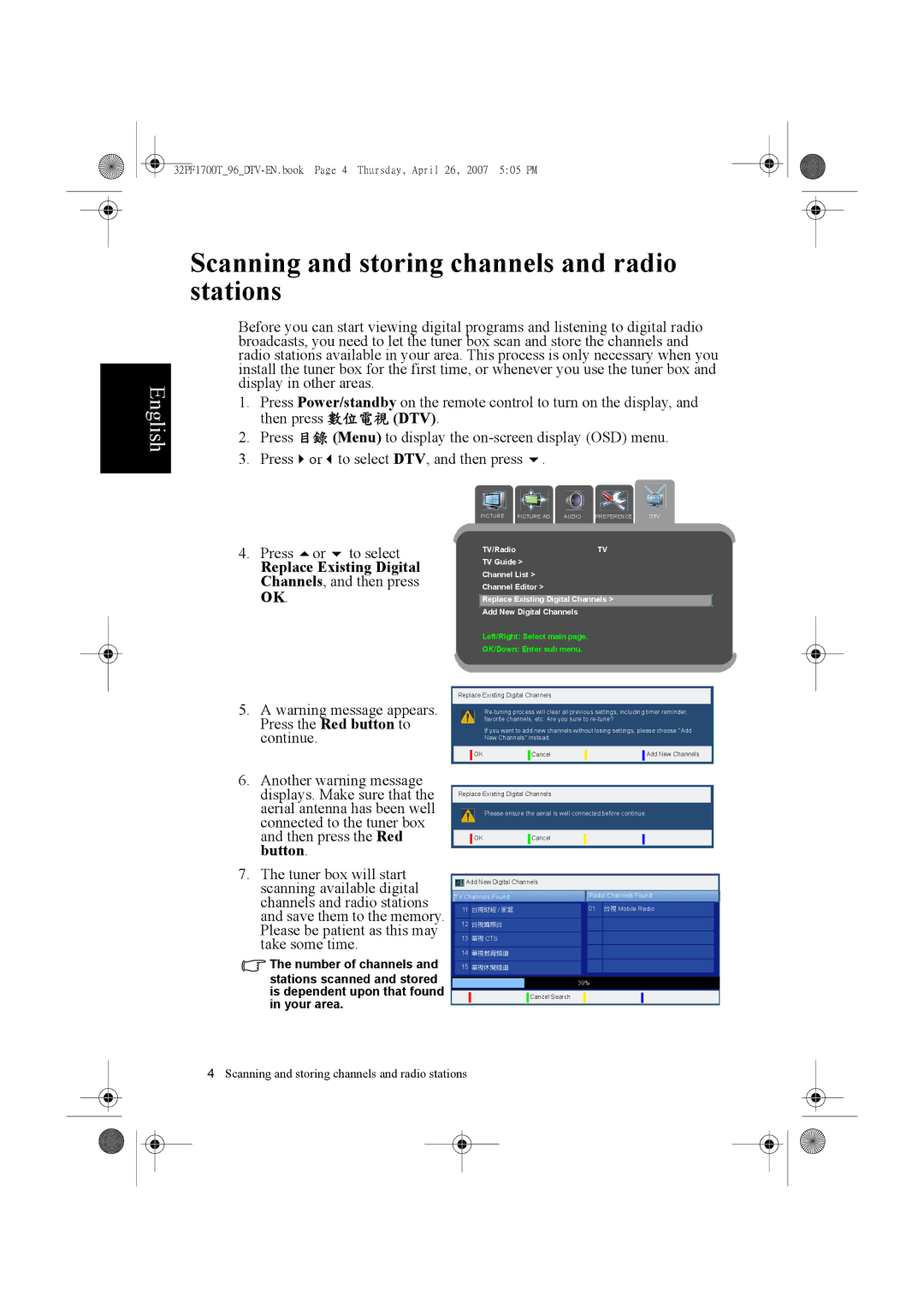 Philips 32PF1700T/96 manual Scanning and storing channels and radio stations 