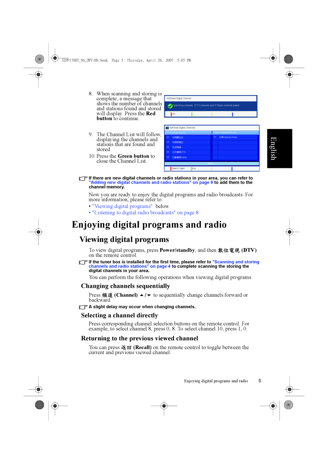 Philips 32PF1700T/96 manual Enjoying digital programs and radio, Viewing digital programs, Changing channels sequentially 