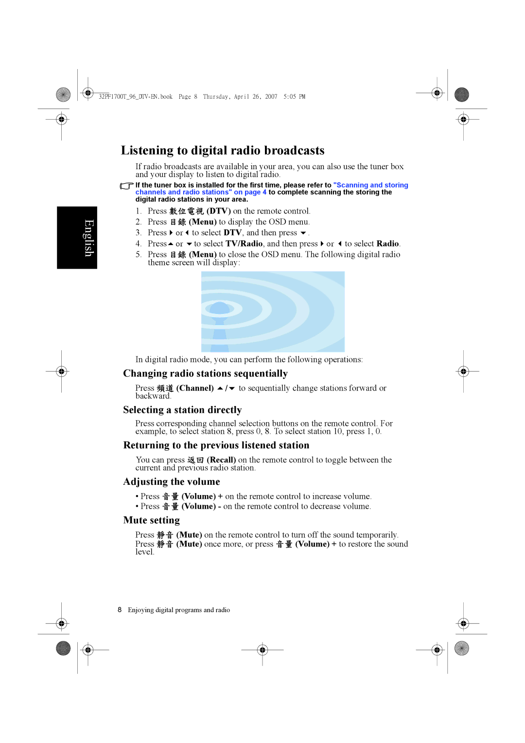 Philips 32PF1700T/96 manual Listening to digital radio broadcasts, Changing radio stations sequentially 