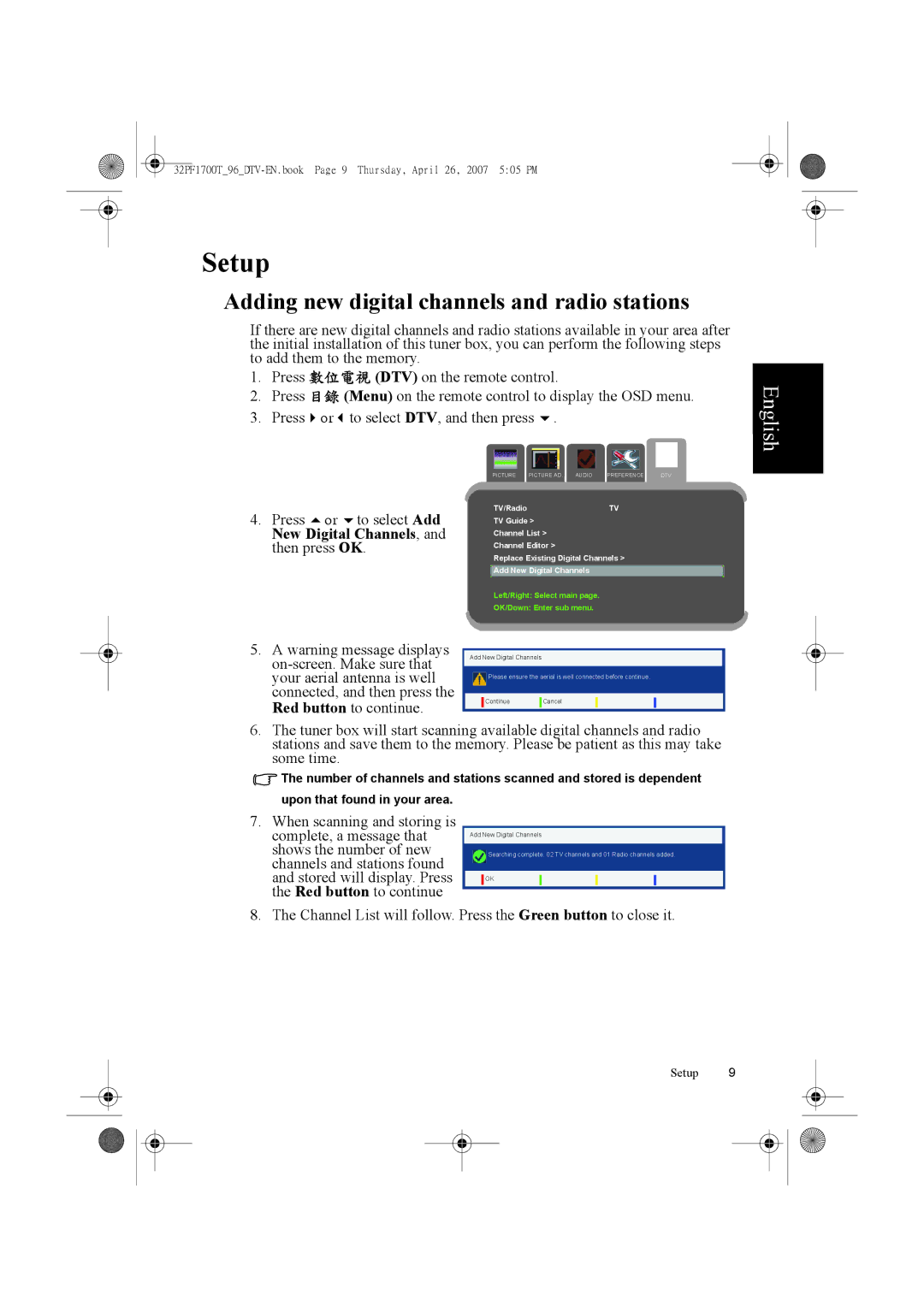 Philips 32PF1700T/96 manual Setup, Adding new digital channels and radio stations 