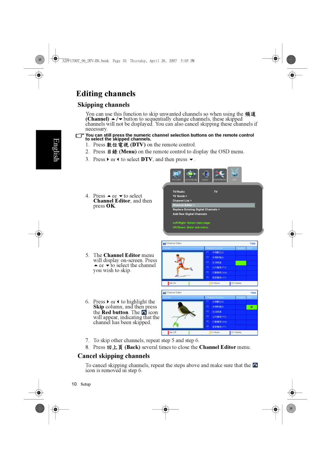 Philips 32PF1700T/96 manual Editing channels, Skipping channels, Cancel skipping channels 