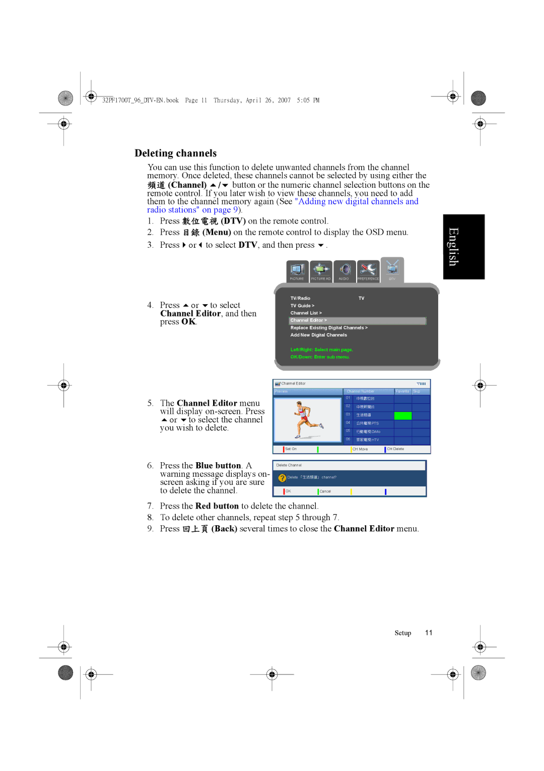 Philips 32PF1700T/96 manual Deleting channels, You wish to delete 