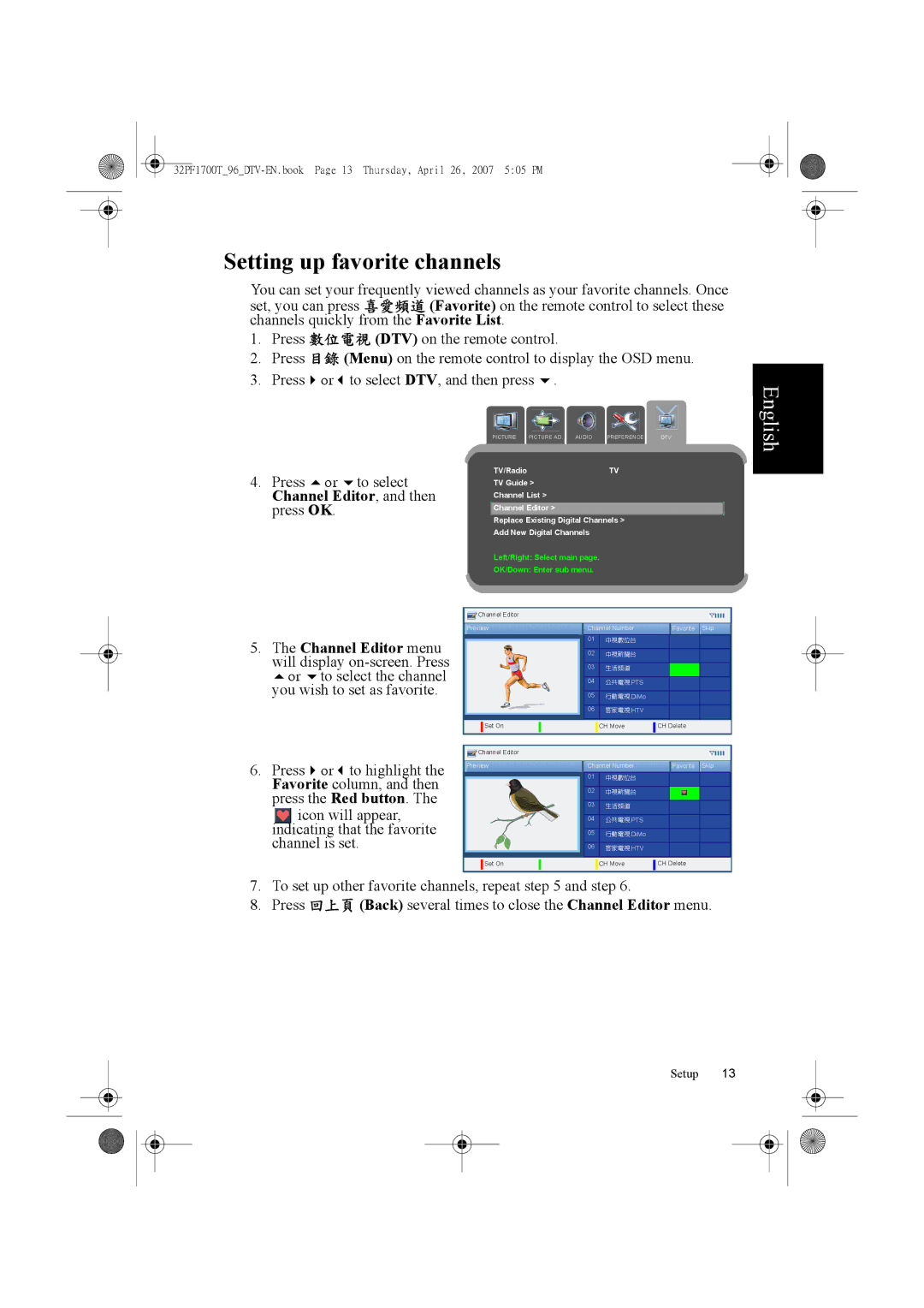 Philips 32PF1700T/96 manual Setting up favorite channels 