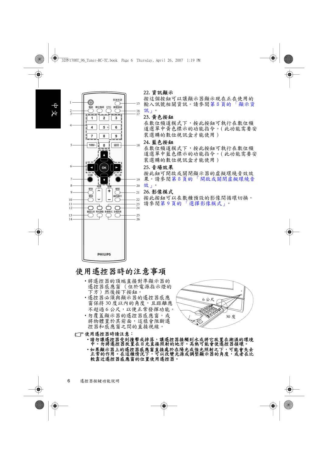 Philips 32PF1700T/96 manual 使用遙控器時的注意事項, 22. 資訊顯示 