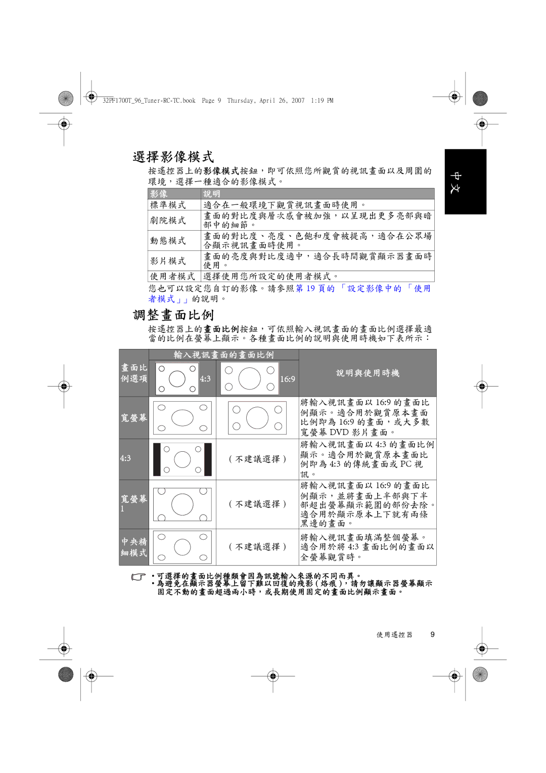 Philips 32PF1700T/96 manual 選擇影像模式, 調整畫面比例 