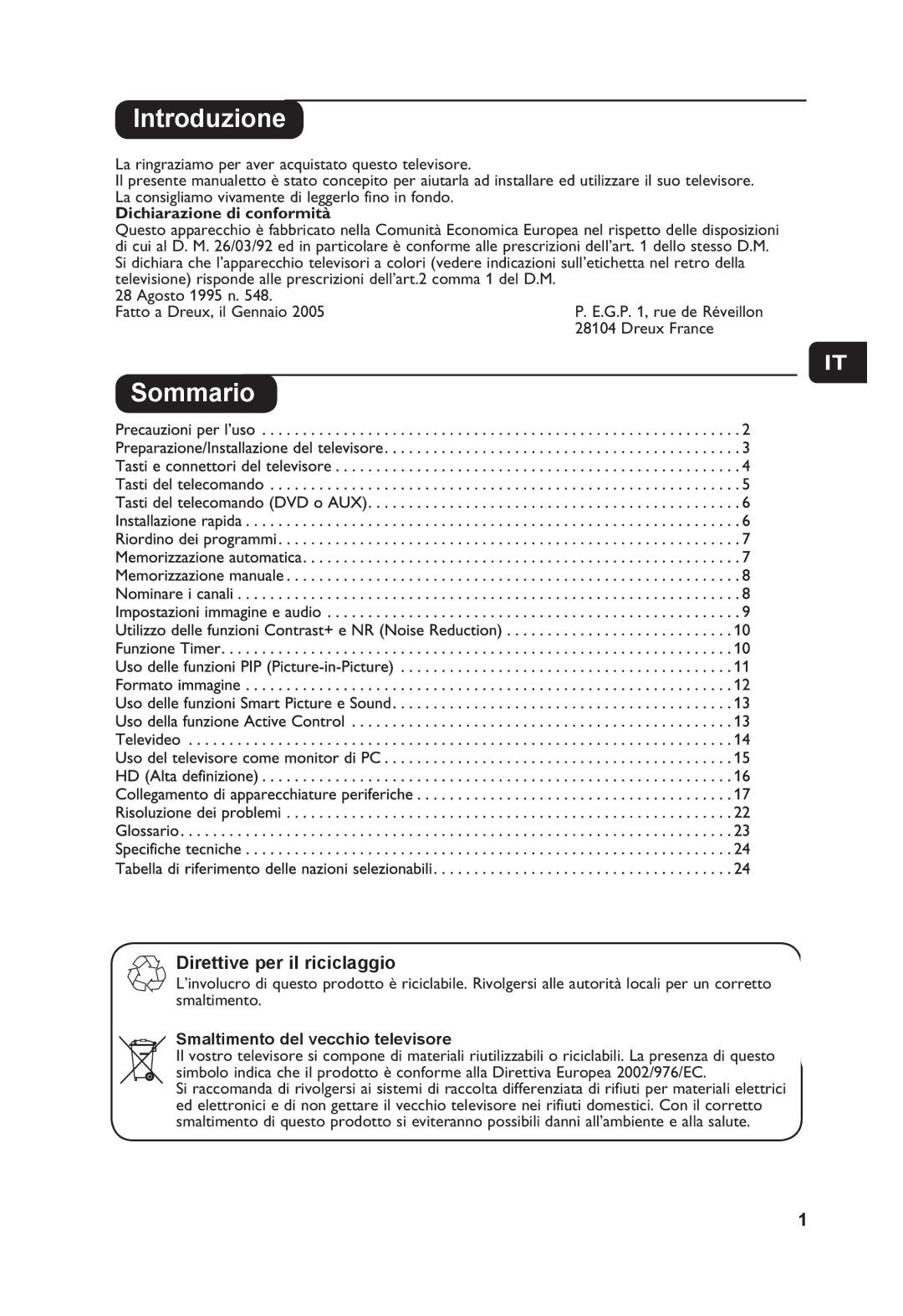 Philips 26PF3xxx, 32PF3xxx manual Introduzione, Sommario, Direttive per il riciclaggio, Dichiarazione di conformità 