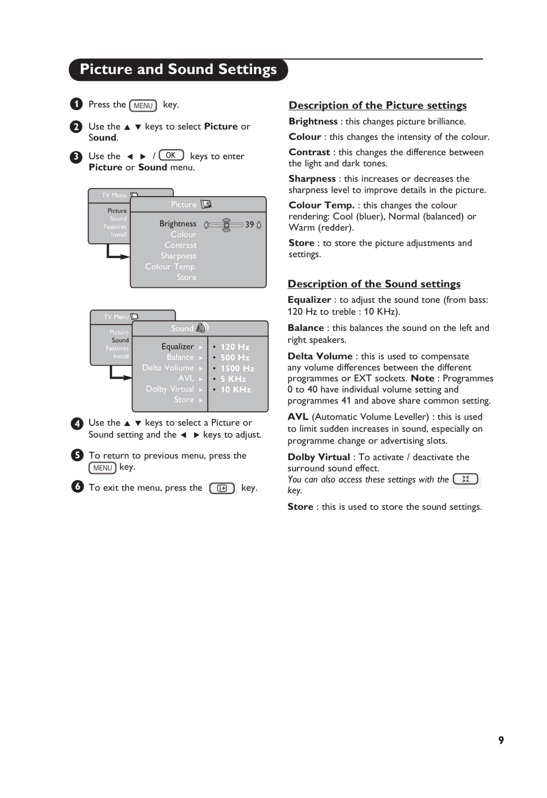 Philips 32PF4311S manual Picture and Sound Settings, Description of the Picture settings, Description of the Sound settings 