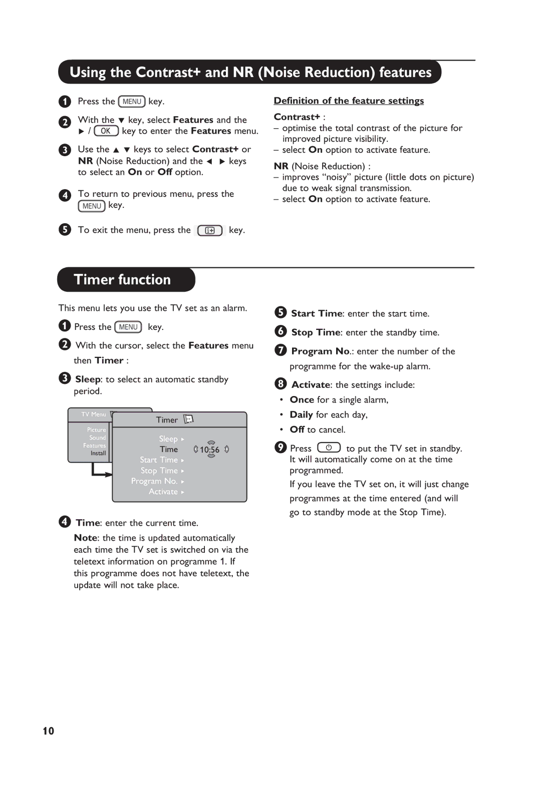 Philips 26PF4311S, 32PF4311S manual Using the Contrast+ and NR Noise Reduction features, Timer function 