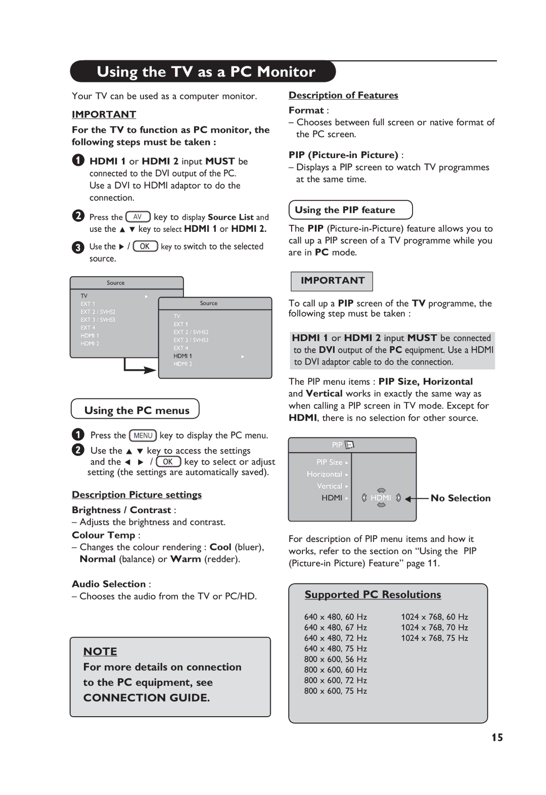 Philips 32PF4311S, 26PF4311S manual Using the TV as a PC Monitor, Using the PC menus, Supported PC Resolutions 