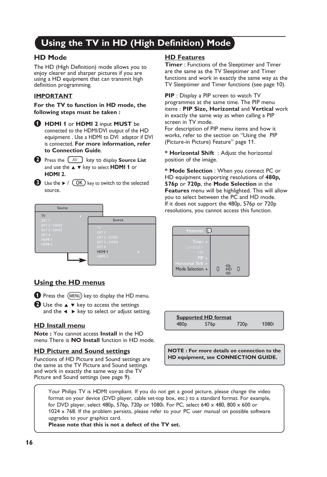 Philips 26PF4311S Using the TV in HD High Definition Mode, HD Install menu HD Picture and Sound settings, HD Features 