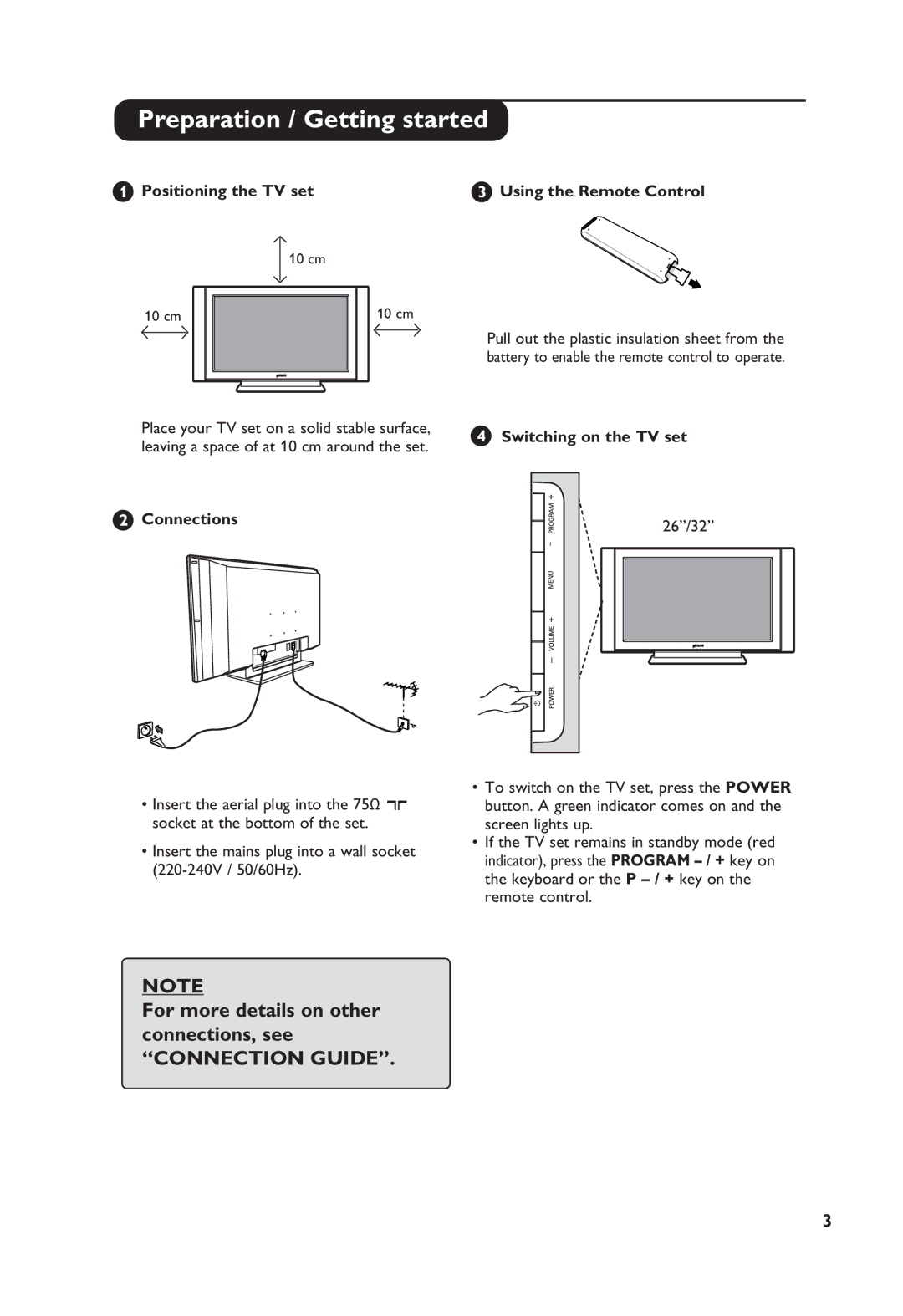 Philips 32PF4311S, 26PF4311S manual Preparation / Getting started, Switching on the TV set Connections 